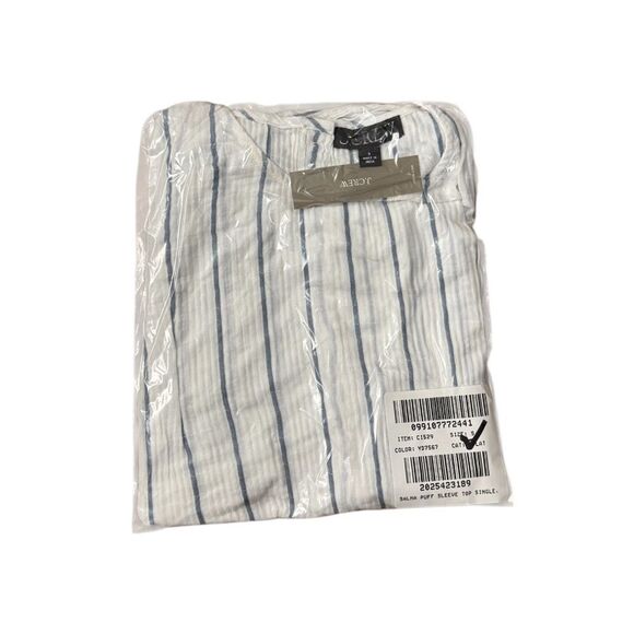 NWT J CREW Puff-sleeve top in sheer gauze in Ivory/Blue stripe - Picture 6 of 7